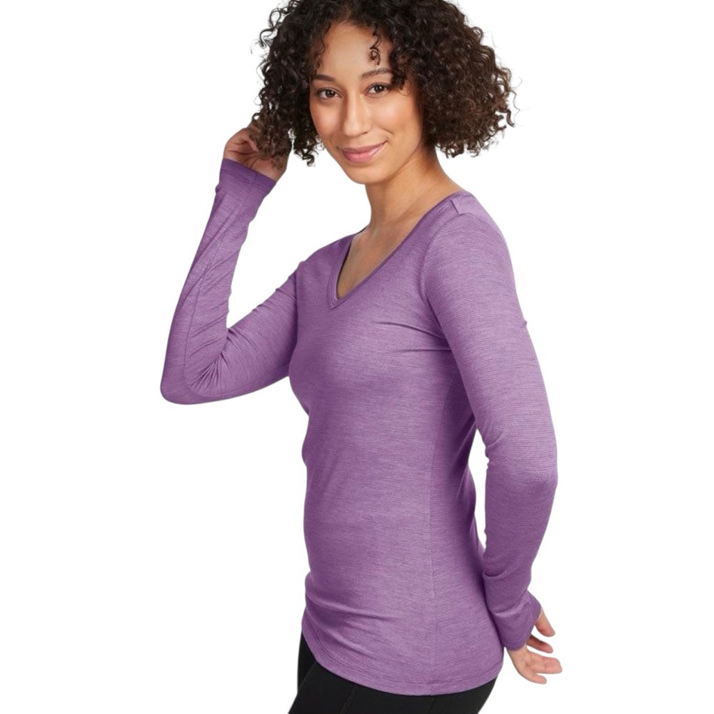 Woolx Layla V-Neck Long-Sleeved Shirt in Lavender Stripe, Size M (EUC)